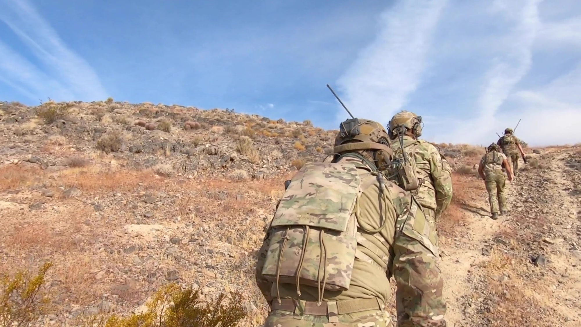 Joint Terminal Attack Controllers (JTAC) coordinate air strikes during an exercise on the Nevada Test and Training Range, Nevada, Oct. 8, 2020. JTACs direct the action of combat aircraft engaged in close-air support and other offensive air operations from a forward position. (U.S. Air Force video by Airman 1st Class Zachary Rufus)