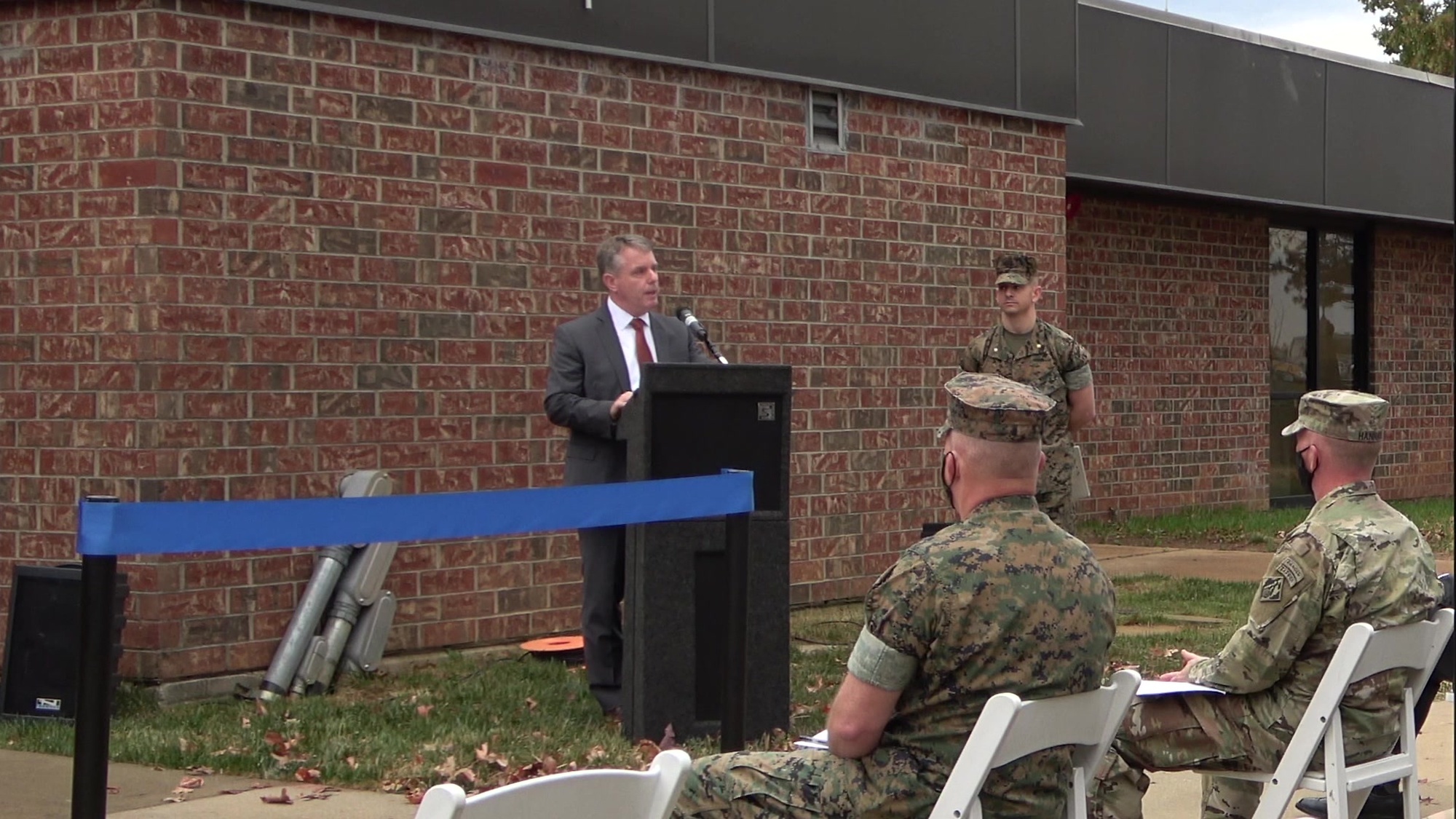 U.S. Marine Corps and Fort Leonard Wood senior leaders officially open the Marine Corps Police Academy on Fort Leonard Wood with a ribbon cutting ceremony. Taking part in the ceremony were Gregg Thompson, Maneuver Support Center of Excellence deputy to the commanding general; Marine Col. Bernard Hess, head of Law Enforcement, Investigations and Corrections Branch, Security Division, Plans, Policies and Operations, Headquarters Marine Corps; Col. William Hannan, U.S. Army Corps of Engineers Kansas City District commander; and Maceo Franks, program manager for the Marine Corps Law Enforcement Program and head of the Supporting Establishment Law Enforcement Program.