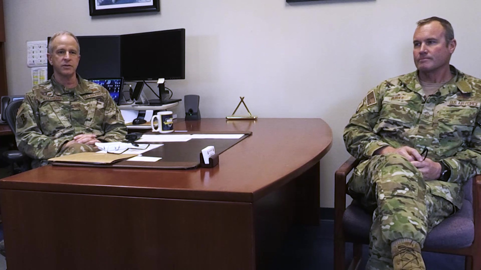 U.S. Air Force Col. Jeffrey H. Waldman, commander, 129th Rescue Wing, addresses members of 129th RQW during his video commanders call at Moffett Air National Guard Base, Calif., Oct. 30, 2020. (U.S. Air National Guard video by Master Sgt. Ray Aquino)