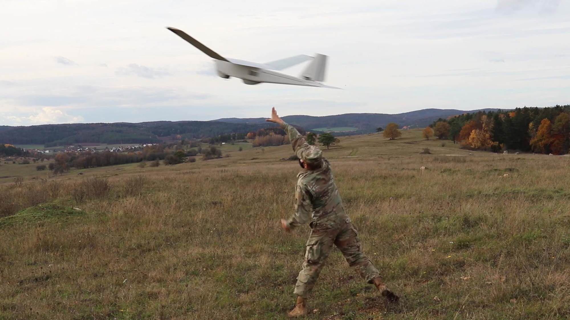 Soldiers with Troop B, 1st Squadron, 113th Cavalry Regiment, 2nd Infantry Brigade Combat Team, 34th Division, Iowa Army National Guard, train with the RQ-20 Puma during a Joint Multinational Training Center Rotation in Hohenfels, Germany, on Nov. 2, 2020. The unit trained with small unmanned aerial systems to give its Soldiers on the ground a valuable eye in the sky. The 1-113th is completing the JMRC rotation to prepare for the unit’s mobilization to Kosovo Force 28 in support of Operation Joint Guardian. KFOR 28 is a NATO organization dedicated to the safety and security of all people in Kosovo.