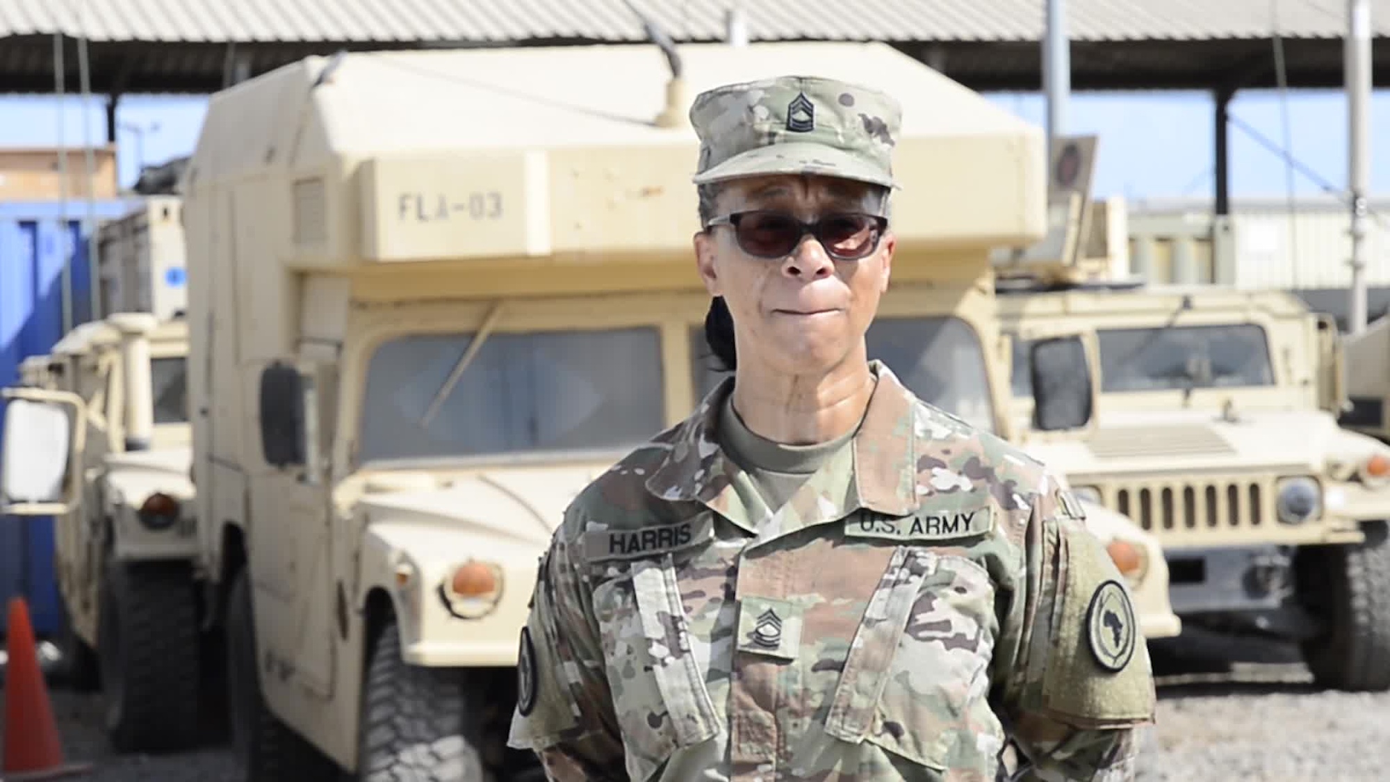CAMP LEMONNIER, Djibouti – U.S. Army Master Sgt. Chante Harris from Clinton, Maryland, and stationed on Camp Lemonnier sends her hometown a Veterans Day message, October 31, 2020. Camp Lemonnier is an operational installation that enables U.S., allied and partner nation forces to be where and when they are needed to ensure security in Europe, Africa and Southwest Asia. (U.S. Navy video by Mass Communication Specialist 2nd Class Natalia Murillo)