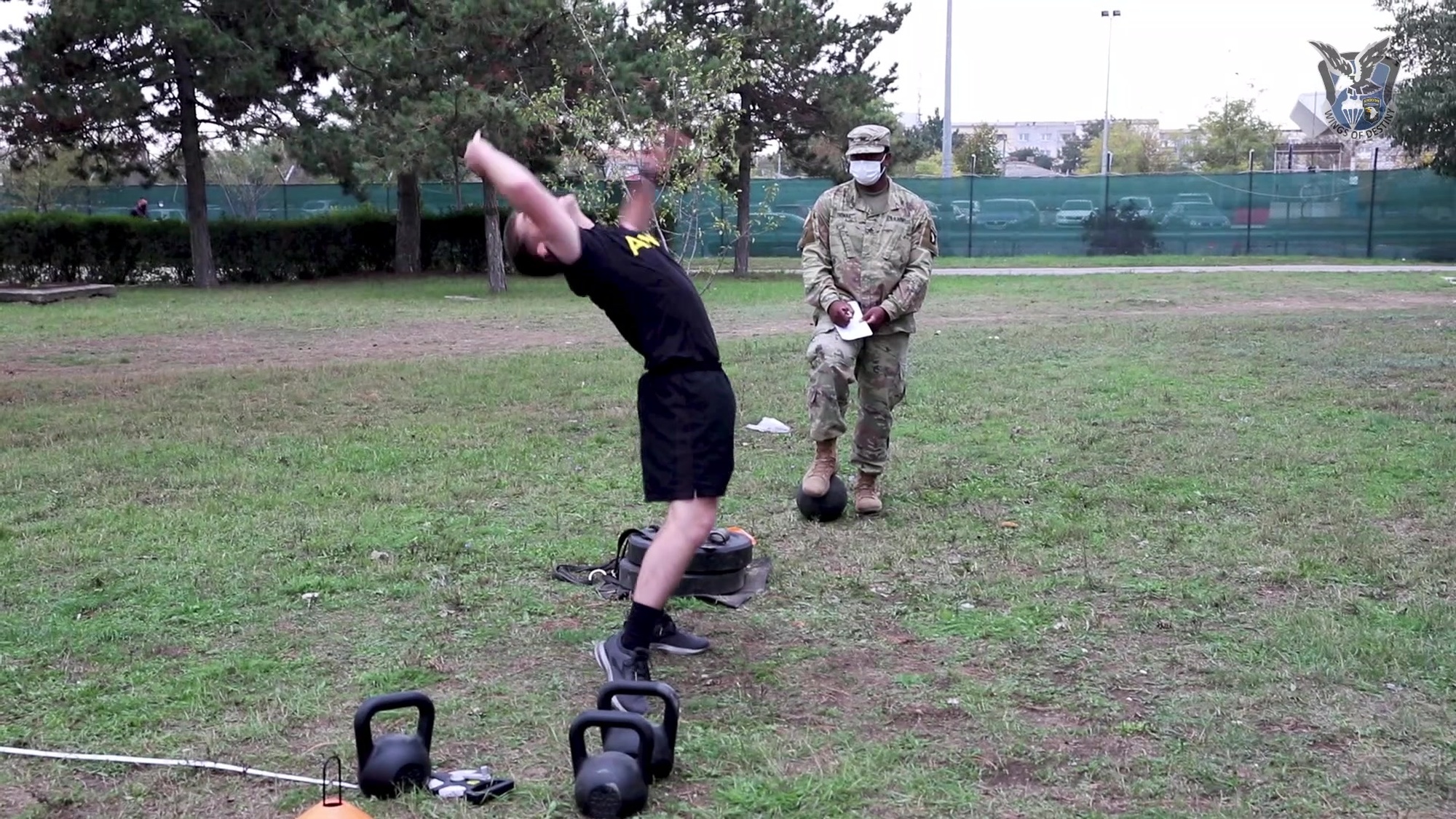U.S. Soldiers assigned to 5th Battalion, 101st Combat Aviation Brigade, 101st Airborne Division (Air Assault) conduct the Army Combat Fitness Test (ACFT), at Mihail Kogalniceanu Air Base, Romania, Oct. 29, 2020. The ACFT is replacing the current Army Physical Fitness Test, which will be completely phased out in October 2021. The test consists of 6 exercises that are designed to promote a better physical fitness standard that mimic the physical demands of the Army. (U.S. Army National Guard video by Sgt. Renee Seruntine)