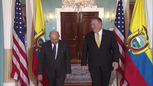 Secretary of State Michael Pompeo camera spray with Ecuadorian Foreign Minister Luis Gallegos, at the Department of State