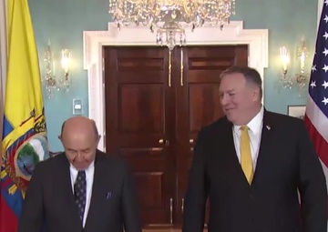 Secretary of State Michael Pompeo camera spray with Ecuadorian Foreign Minister Luis Gallegos, at the Department of State