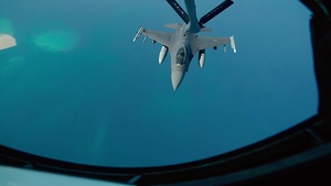 KC-135R Stratotanker refuels F-16C Fighting Falcon and F-15E Strike Eagle