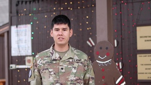 Spc. Keegan Staab, Hubbard, NE, delivers a Christmas message