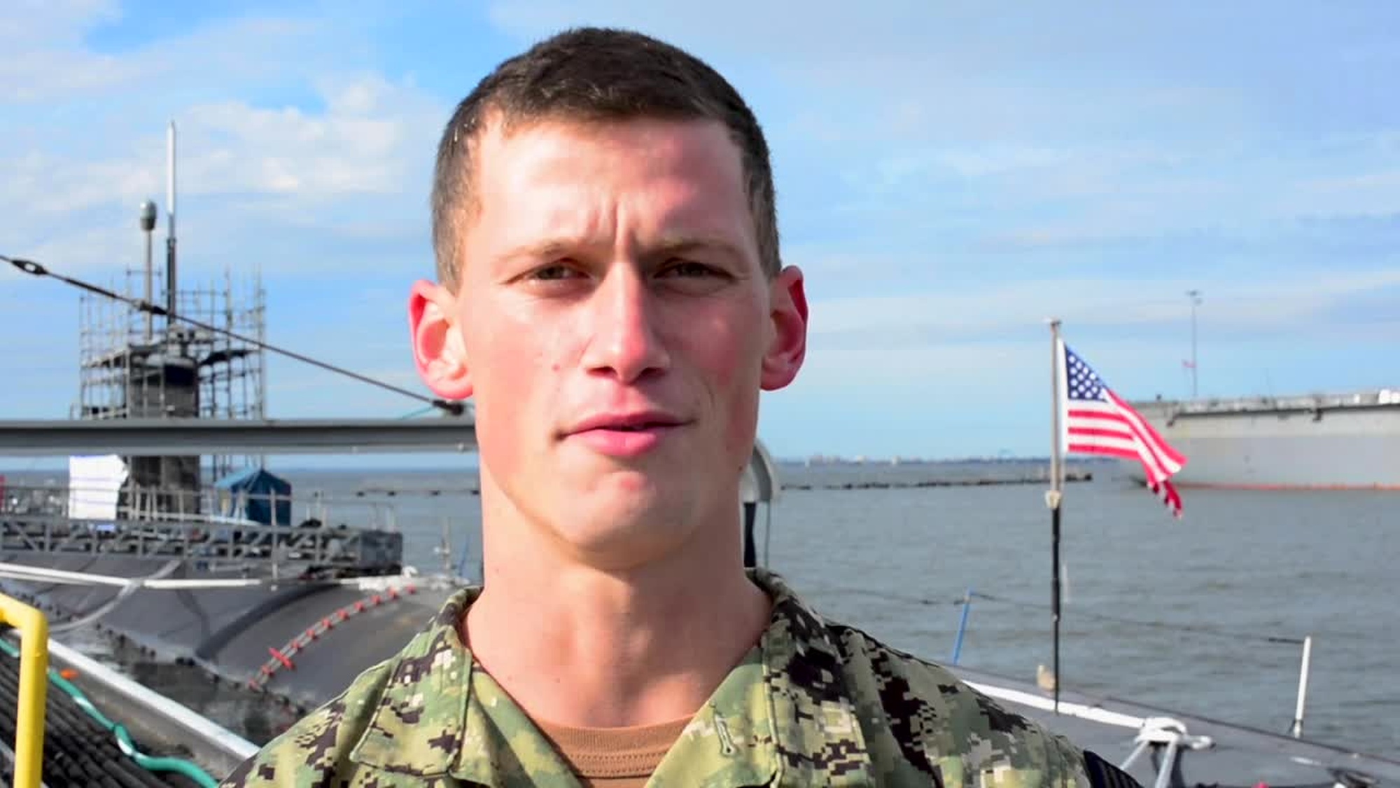 Fire Control Technician 3rd Class William Parker, assigned to the Los Angeles-class attack submarine, USS Albany (SSN 753), sends a holiday greeting to his friends and family back home in Ocean Springs, Miss. (U.S. Navy video by Mass Communication Specialist 1st Class Alfred Coffield)