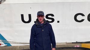 A U.S. Coast Guard member from Coast Guard Cutter Northland sends a holiday message for the 2020 Armed Forces Bowl