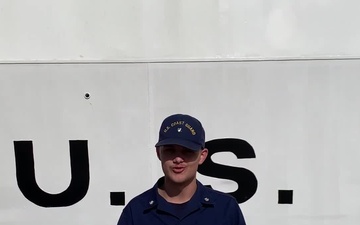 A U.S. Coast Guard member from Coast Guard Cutter Northland sends a holiday message for the 2020 Armed Forces Bowl