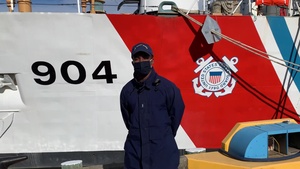 A U.S. Coast Guard member from Coast Guard Cutter Northland sends a holiday message for the 2020 Armed Forces Bowl