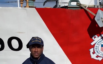 A U.S. Coast Guard member from Coast Guard Cutter Northland sends a holiday message for the 2020 Armed Forces Bowl