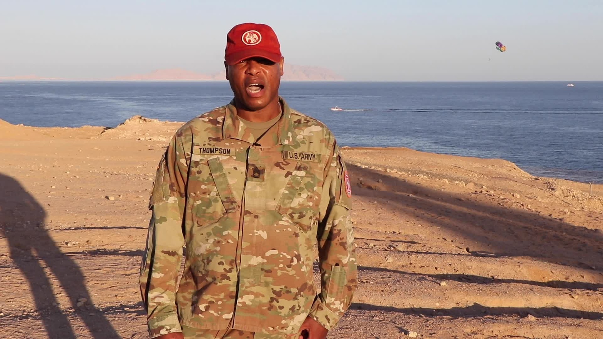 SOUTH CAMP, SOUTH SINAI, EGYPT - Sergeant 1st Class Lambert Thompson, Jr., a senior supply sergeant originally from Dermott, Arkansas and assigned to Headquarters and Headquarters Company, Task Force Sinai, Egypt extends holiday greetings to his family back home.