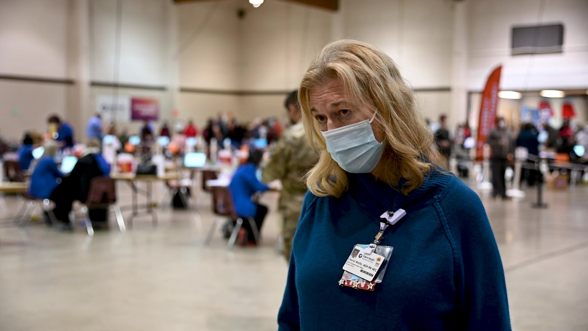 Oregon National Guardsmen joined Salem Health at the Oregon State Fairgrounds in Salem, Oregon on Jan. 12, to assist them with their efforts to distribute the COVID-19 vaccination to Oregonians. More than 40 medical personnel initially activated to directly support Salem Health operations.
