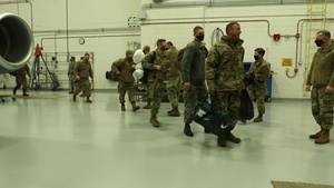 Wisconsin National Guard Soldiers and Airmen on Jan. 16, 2021 depart on multiple flights from the 128th Air Refueling Wing in Milwaukee, Wisconsin, to support security efforts in Washington, DC for the Jan. 20, 2021 presidential inauguration.