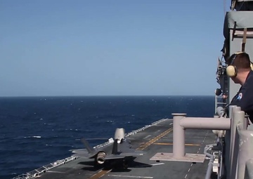 15th MEU F-35B Lightning II demonstrates reverse landing aboard USS Makin Island