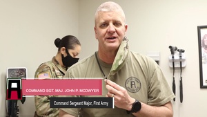 The Command Sergeant Major of First Army, Command Sgt. Maj. John P. McDwyer, Recieves the Second Vaccine