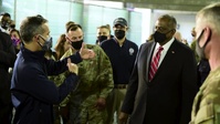 Defense Secretary Lloyd Austin visits the Cal State LA COVID-19 community vaccination center [No Music]