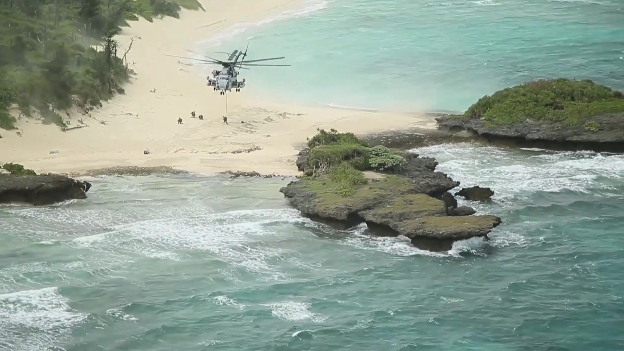 U.S. Marines with Marine Wing Support Squadron (MWSS) 172 conduct expeditionary advanced base operations at various islands off the coast of, Okinawa, Japan, Feb. 19, 2021 during exercise Hagåtña Fury 21. MWSS-172 performed forward arming and refueling points with aircraft from 1st Marine Aircraft Wing and transported equipment on Marine Heavy Helicopter Squadron 465 CH-53E Super Stallion helicopters on Ukibaru island and Ie Shima. (U.S. Marine Corps video by Lance Cpl. Dalton J. Payne)