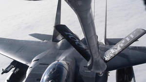 KC-135 Stratotanker refuels F-15E Strike Eagle