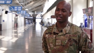 U.S. Airman 1st Class Montrell Worth describes his role at the ford Field Community Vaccination Center