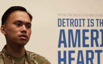 U.S. Air Force Senior Airman Samson Lam speaks about his role at the Ford Field Community Vaccination Center