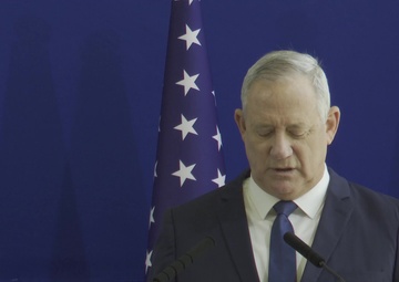 U.S. Secretary of Defense Lloyd J. Austin III and Israeli Alternate PM and Defense Minister Benny Gantz deliver statements at the Israeli Ministry of Defense in Tel Aviv, April 11, 2021.