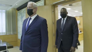 U.S. Secretary of Defense Lloyd J. Austin III lands in Ben Gurion airport beginning his first visit to Israel, on April 11, 2021.