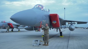Video of a Massachusetts Air National Guard crew chief conducting pre-flight on a F-15C Eagle
