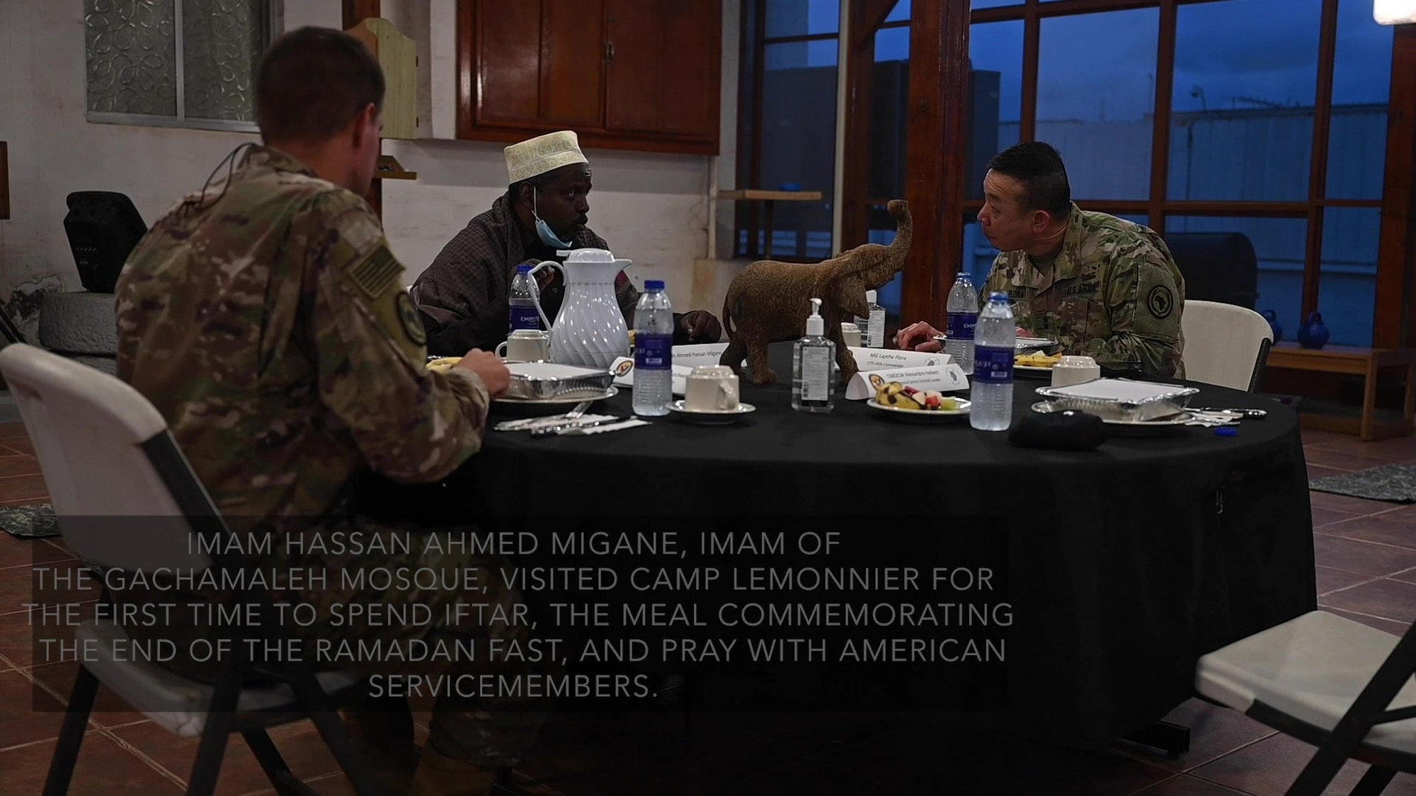 Imam Hassan Ahmed Migane, Imam of the Gachamaleh Mosque, visits Camp Lemonnier, Djibouti, April 28, 2021 to commemorate Iftar, the end of Ramadan meal that breaks the Ramadan fast, and pray with U.S. servicemembers.  This was the first time the Imam visited the base, meeting with servicemembers and strengthening partnerships between countries.<br />(U.S. Air Force video by Tech. Sgt. Daniel Asselta)