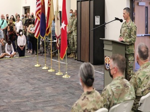 U.S. Army Arizona National Guard Land Commander Brigadier General JOSEPH R. BALDWIN speech during the sendoff ceremony for Alpha Company 422nd Expeditionary Signal Battalion to the Middle East