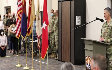 U.S. Army Arizona National Guard Land Commander Brigadier General JOSEPH R. BALDWIN speech during the sendoff ceremony for Alpha Company 422nd Expeditionary Signal Battalion to the Middle East