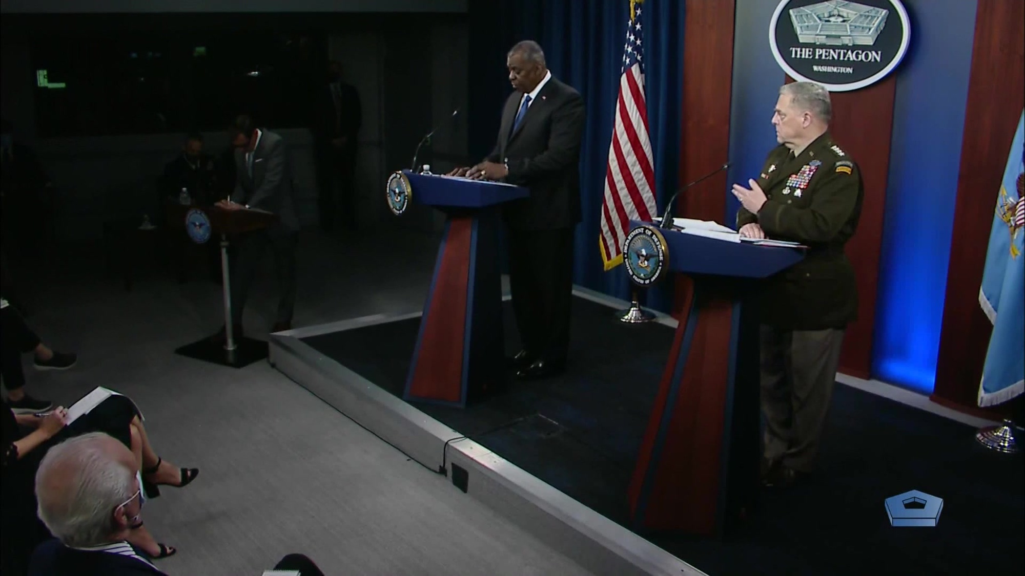 Secretary of Defense Lloyd J. Austin III and Chairman of the Joint Chiefs of Staff Gen. Mark A. Milley brief the media at the Pentagon, May 6, 2021. 
