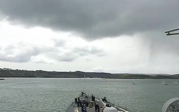 USS Ross gets underway out of Plymouth, England