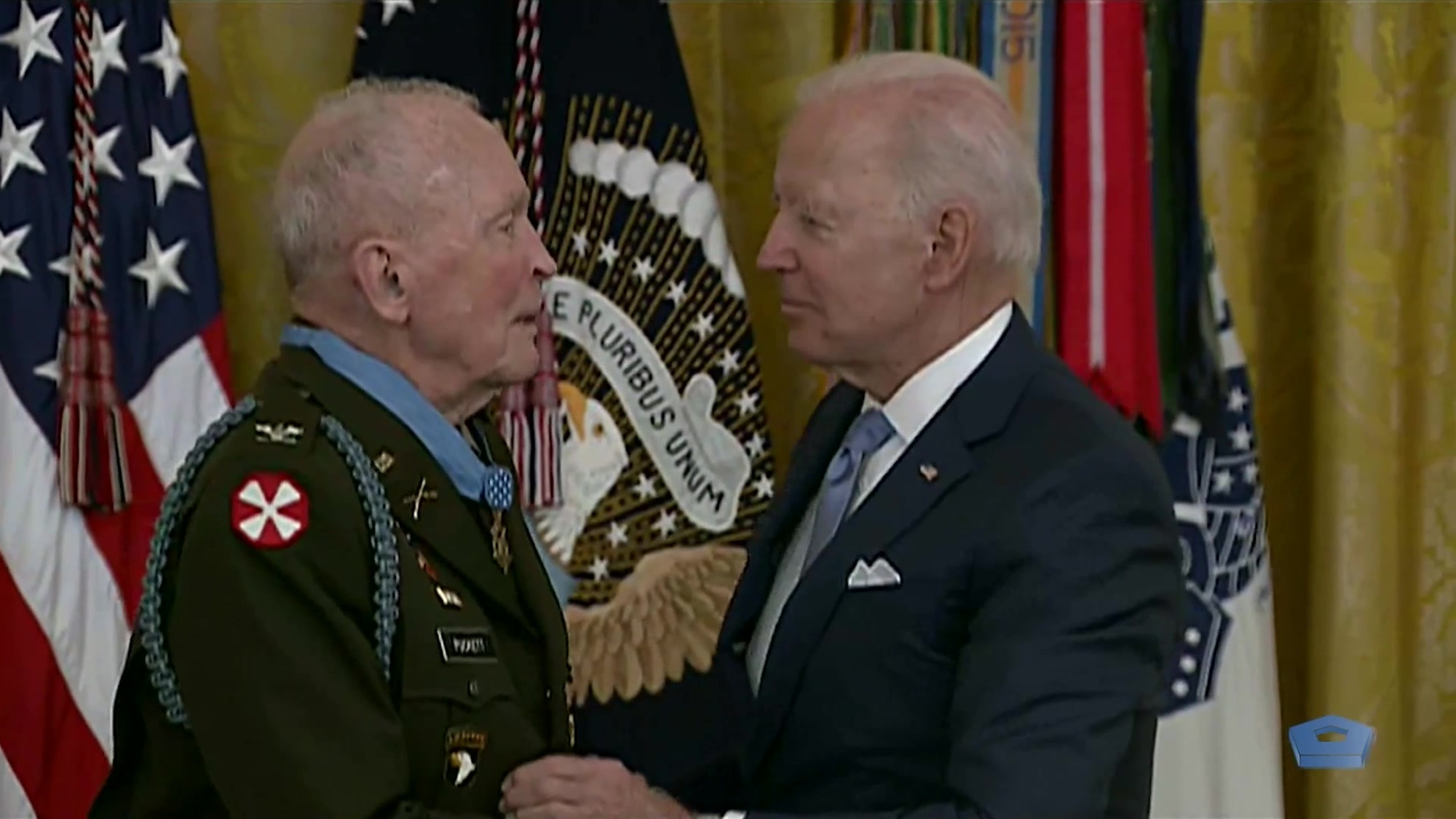 President Joe Biden presents the Medal of Honor to retired Army Col. Ralph Puckett Jr. for conspicuous gallantry during the Korean War, May 21, 2021. South Korean President Moon Jae-in is in attendance.