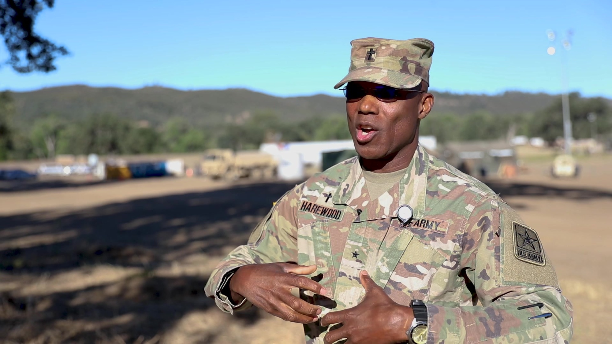 U.S. Army Reserve Brig. Gen. Andrew Harewood, Deputy Chief of Chaplains from Washington, D.C., gives a speech during Combat Support Training Exercise (CSTX) 91-21-01 June 11, 2021, at Fort Hunter Liggett, California.