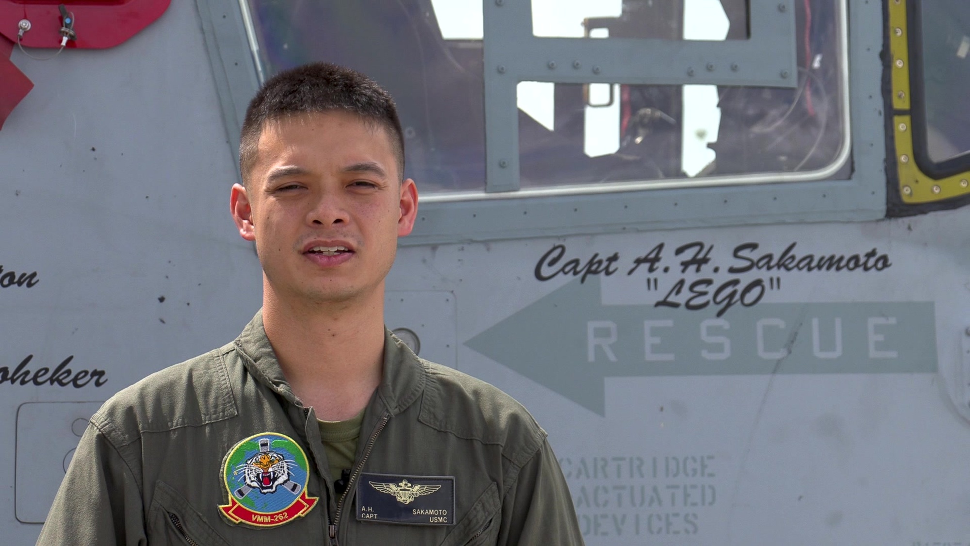 U.S. Marine Corps Capt. Arthur Sakamoto, a pilot, with Marine Medium Tiltrotor Squadron (VMM) 262, participates in an interview at Marine Corps Air Station Futenma, Okinawa, Japan, July 16, 2021. Sakamoto a Naval Academy Alumni sends a message to the future graduates of the academy talking about his favorite part of serving in the fleet Marine force. (U.S. Marine Corps video by Sgt. Branden J. Bourque.)