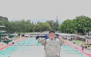 2021 Army Medicine Best Leader Competition Competitors Demonstrate Their Water Survival Skills.