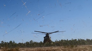 180 fps B-Roll of Australian Army CH-47 Chinook take off with US Army Paratroopers during Exercise Talisman Sabre 21
