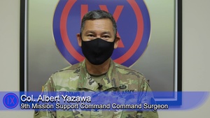 Col. Albert Yazawa address 9th Mission Support Command soldiers about the importance of getting vaccinated