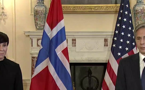 Secretary of State Antony J. Blinken camera spray with Norwegian Foreign Minister Ine Søreide