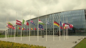 Flags fly at half-staff at NATO Headquarters to commemorate the 20th anniversary of the 2001 terrorist attacks