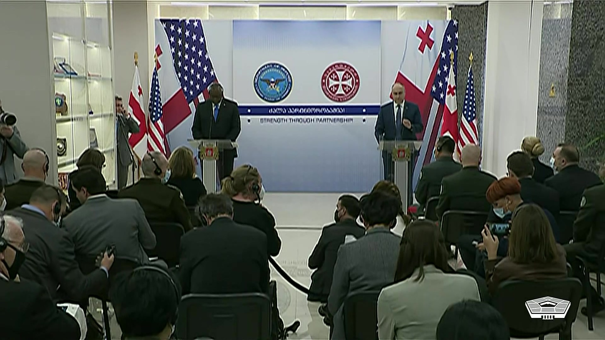 Secretary of Defense Lloyd J. Austin III and Juansher Burchuladze, the Georgian defense minister, hold a joint press conference in Tbilisi, Georgia.