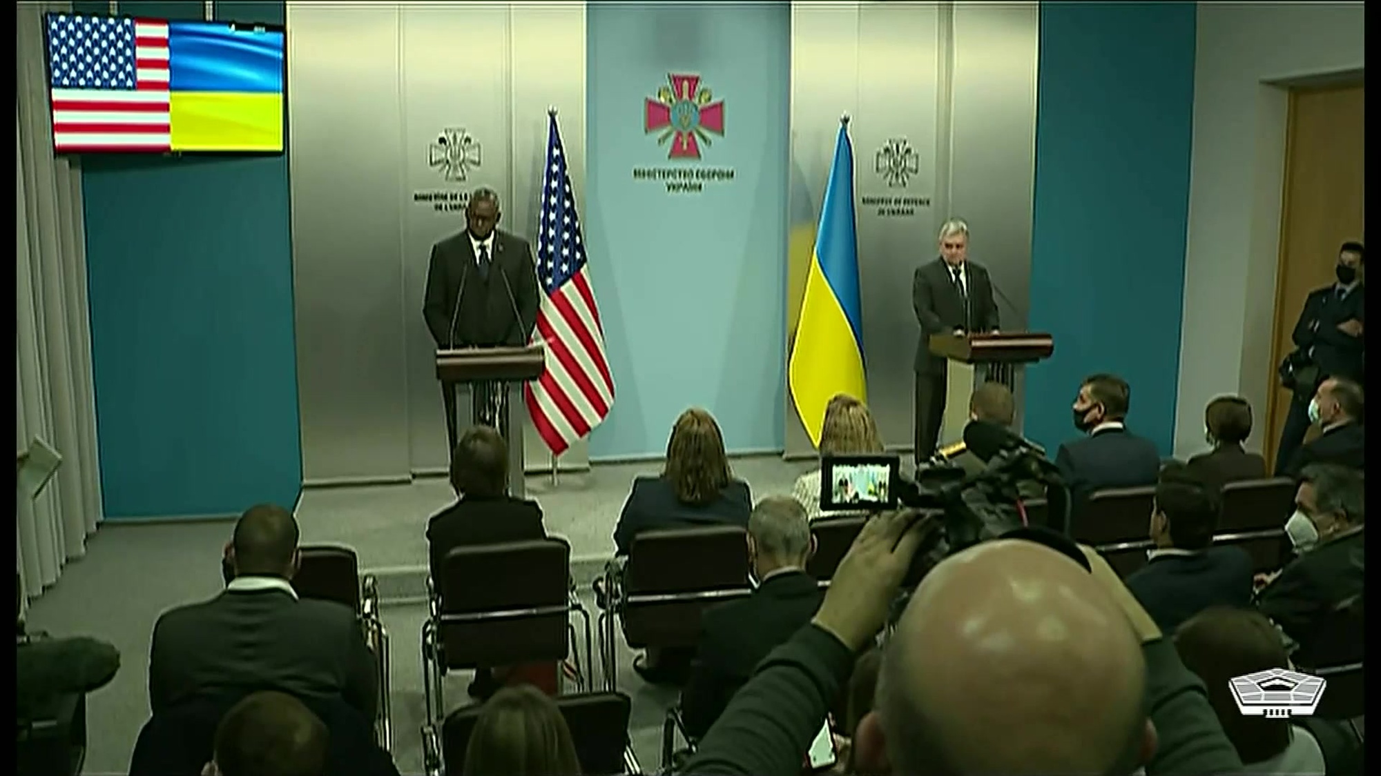 Secretary of Defense Lloyd J. Austin III and Andriy Taran, Ukrainian defense minister, hold a joint press conference in Kyiv, Ukraine.
