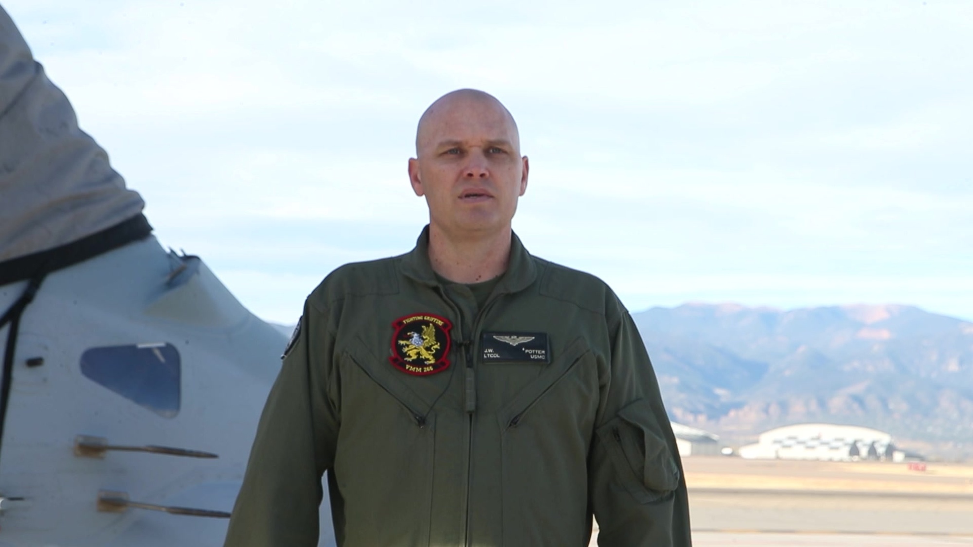 U.S. Marine Corps Lt. Col. Jason Potter, commanding officer of Marine Medium Tiltrotor Squadron (VMM) 266, talks about a training exercise at Peterson Space Force Base, Colorado, Nov. 15, 2021. Marines with VMM-266 trained in a cold-weather, high-altitude environment to increase proficiency in expeditionary advanced basing operations (EABO). VMM-266 is a subordinate unit of 2nd Marine Aircraft Wing, the aviation combat element of II Marine Expeditionary Force. (U.S. Marine Corps photo by Lance Cpl. Adam C. Henke)