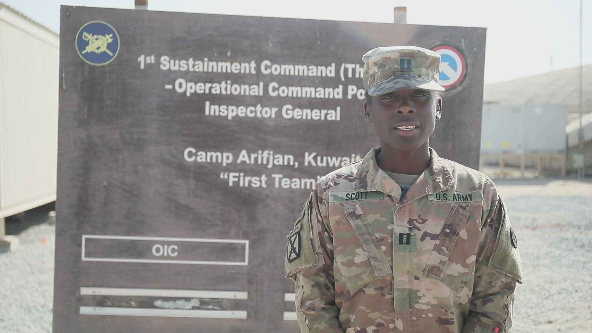 Capt. Sylvia Scott, deployed with the 3rd Expeditionary Sustainment Command to Camp Arifjan, Kuwait, wishes her family a happy holidays. (U.S. Army video by Sgt. Jimmie Baker)