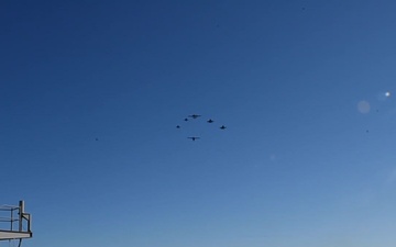 NATO aircraft fly in formation over USS Harry S. Truman in support of Neptune Strike 2022.