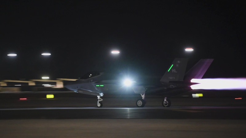 An F-35A Lightning II from the 388th FW takes off at night for a Red Flag Mission at Nellis AFB