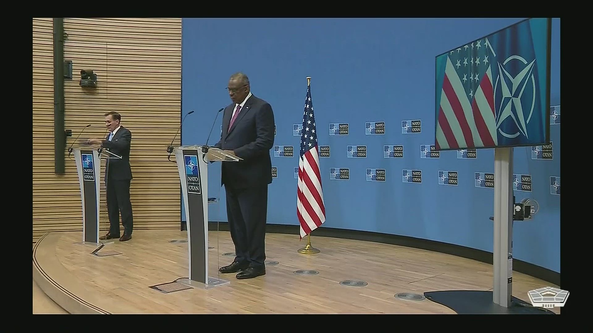 Secretary of Defense Lloyd J. Austin III holds a press conference at NATO headquarters in Brussels, Belgium. 