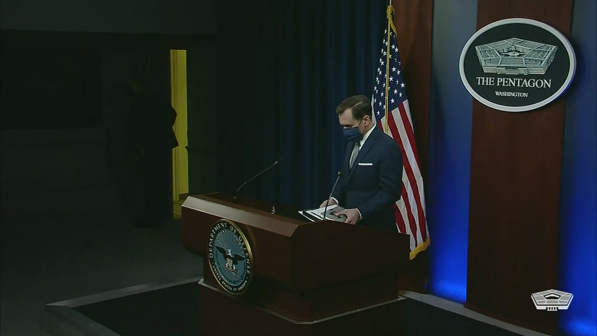 Pentagon Press Secretary John F. Kirby briefs the news media on the events in Ukraine at the Pentagon. 