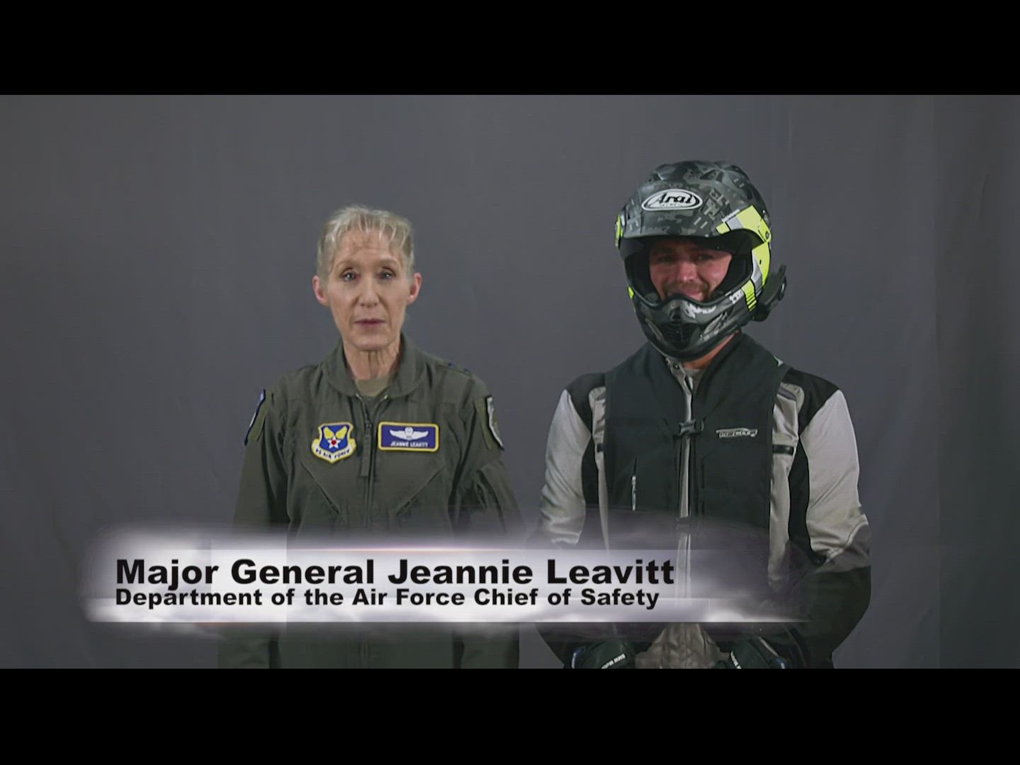 Maj Gen. Jeannie Leavitt, Department of the Air Force, chief of safety, introduces the Motorcycle Preseason Kickoff of the DAFRider video series with David Brandt, Department of the Air Force, motorcycle safety program manager.